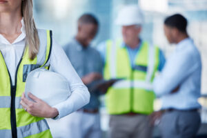 Fachkraft für Arbeitssicherheit mit Schutzhelm und Warnweste bei einer Sicherheitsbegehung im Betrieb. Im Hintergrund besprechen Mitarbeiter und Führungskräfte arbeitsschutzrelevante Maßnahmen zur Umsetzung der Betriebssicherheitsverordnung (BetrSichV) und zur sicheren Gestaltung von Arbeitsplätzen.