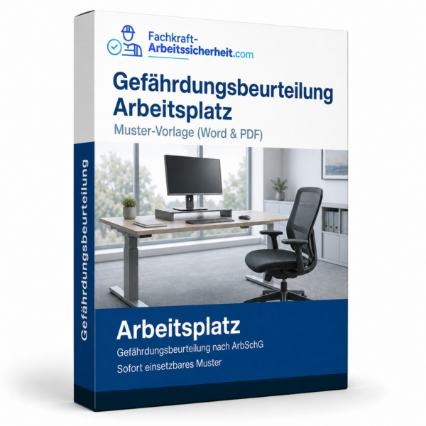 Gefährdungsbeurteilung Arbeitsplatz, Muster und Vorlage in Word und PDF auf Produktbox mit modernem Büroarbeitsplatz.