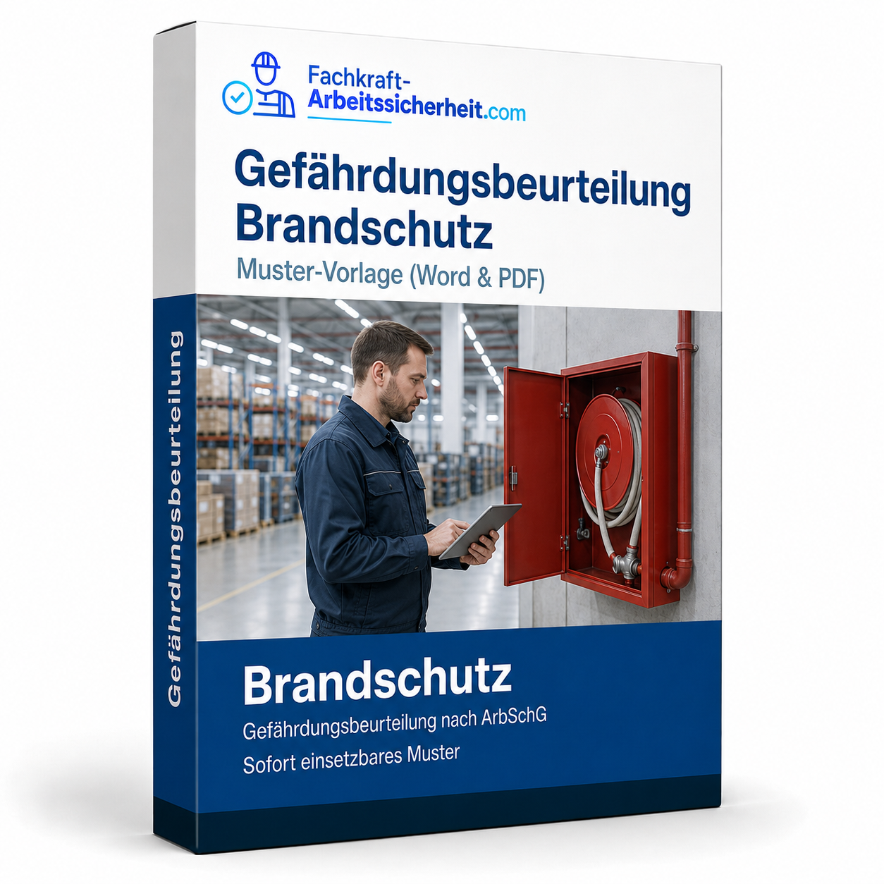 Produktbox zur Gefährdungsbeurteilung Brandschutz mit Begehungsszene, Muster und Vorlage für Word und PDF.