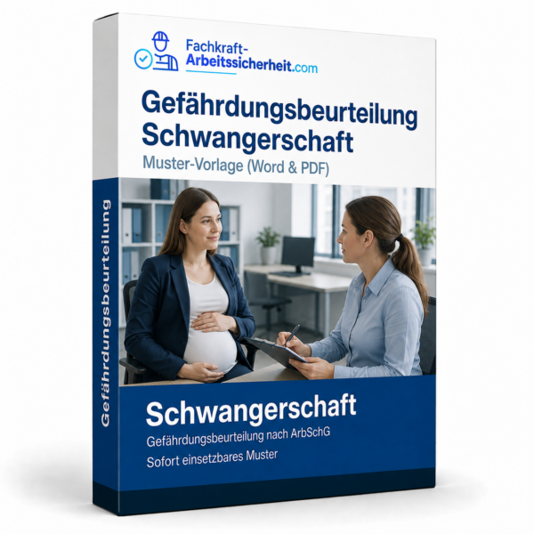 Gefährdungsbeurteilung Schwangerschaft, Muster und Vorlage für Word und PDF auf Produktbox mit Beratungsszene.