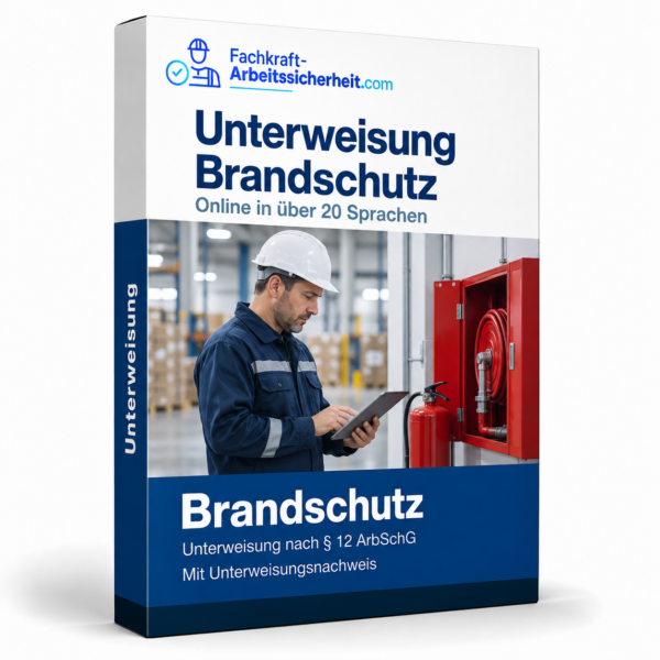 Brandschutzunterweisung als Online-Schulung mit Beschäftigtem bei der Kontrolle einer Brandschutzeinrichtung.