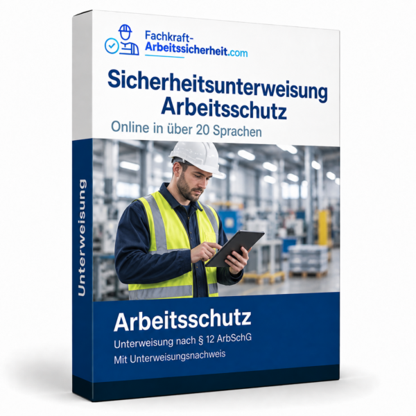 Sicherheitsunterweisung Arbeitsschutz, Produktbox zur Online-Unterweisung mit Beschäftigtem in einer Produktionshalle.
