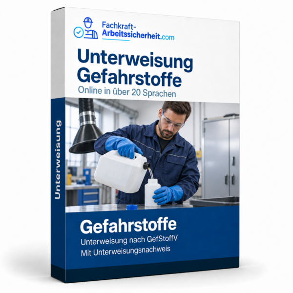Gefahrstoffunterweisung online in über 20 Sprachen mit Unterweisungsnachweis, Produktbox mit Umfüllszene im Betrieb.