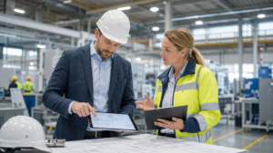 Sicherheitsingenieur und Fachkraft für Arbeitssicherheit bei der gemeinsamen Beurteilung eines industriellen Arbeitsplatzes